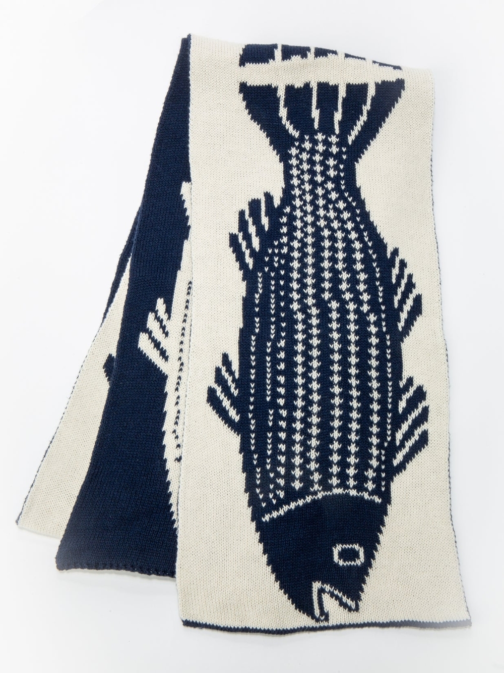 Kate Nelligan Striper Fish Reversible Blue Off White Knit Scarf